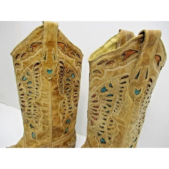 Corral Crackle Butterfly inlay Western Boots R2477 - turquoise tan 8 M snip toe